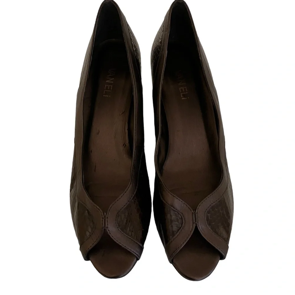 Van Eli Brown Leather Snakeskin Texture Open Toe Wedge Heel Pump 9.5 N